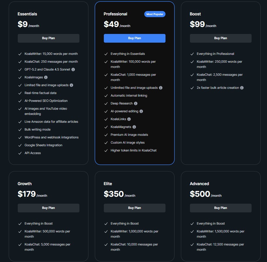 الأسعار والخطط في Koala AI 