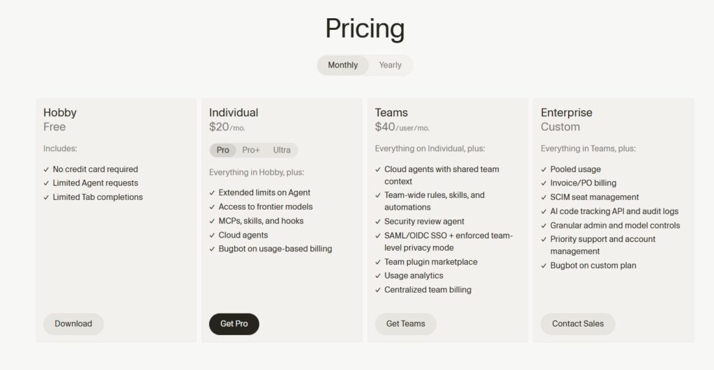 الأسعار والخطط – اشتراك Cursor بالتفصيل