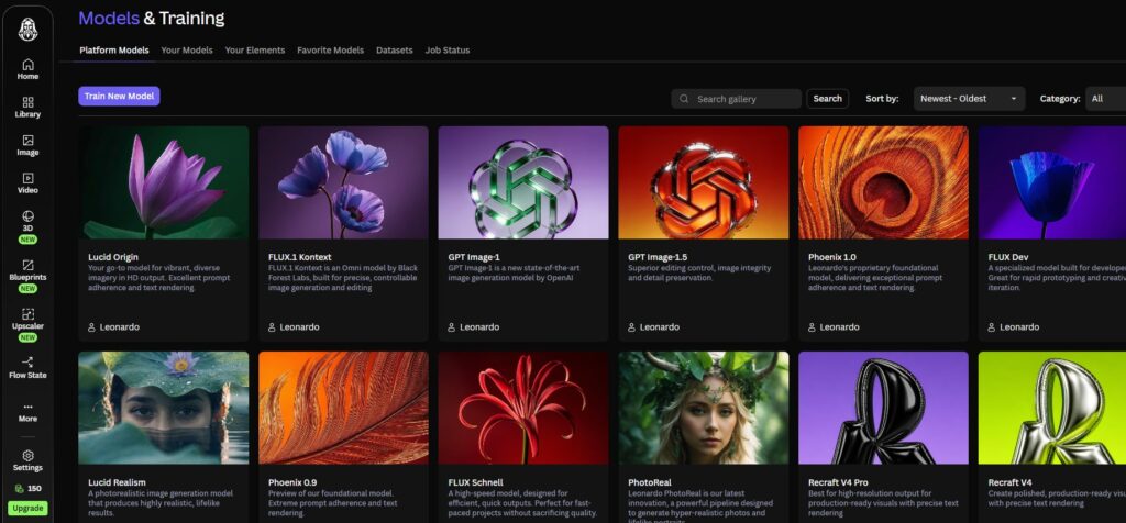 صفحة النماذج المتاحة في Leonardo AI